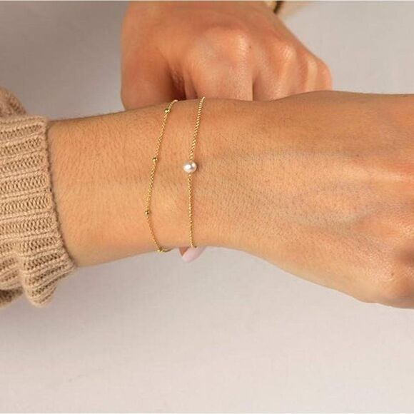 Double Layer Freshwater Pearl Bead Chain Bracelet - Picture 3 of 4